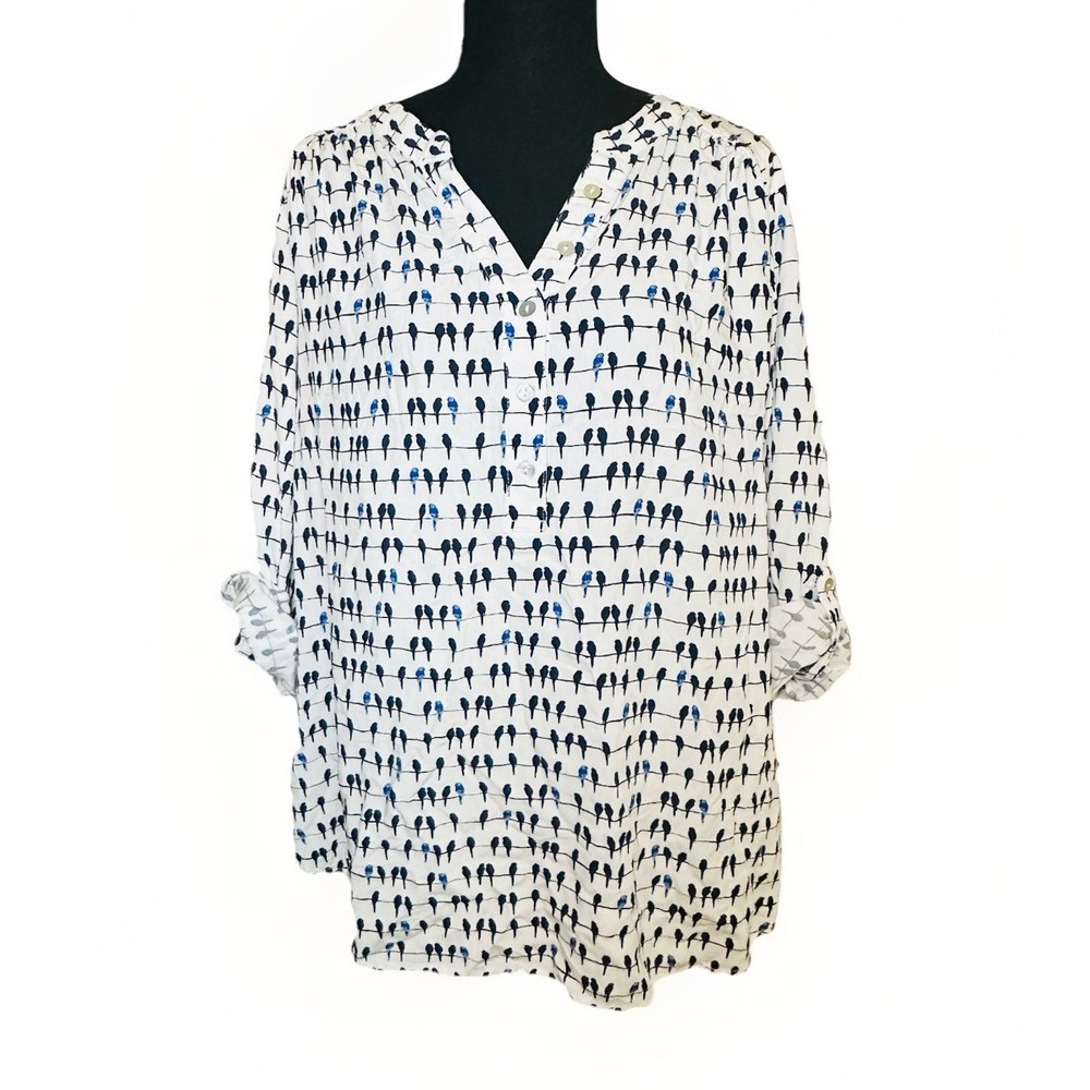 Jane and Delancey All Over‎ Birds Print Button Up Blouse Top Roll Tab Women's 1X